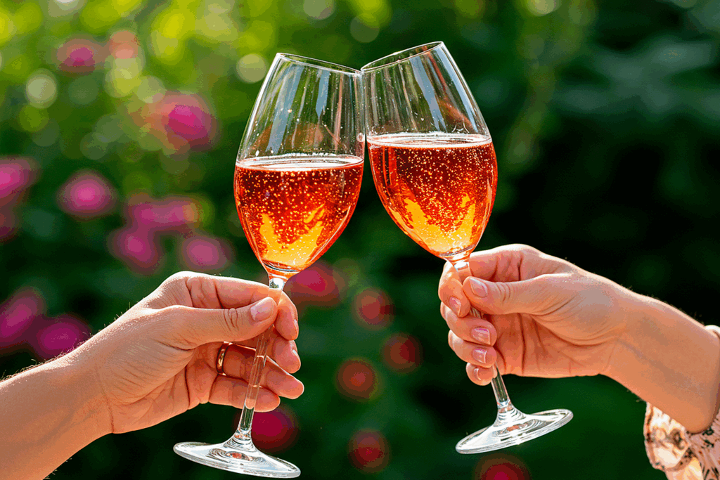 Two people clinking together sparkling glasses of wine in Santa Ynez Valley California